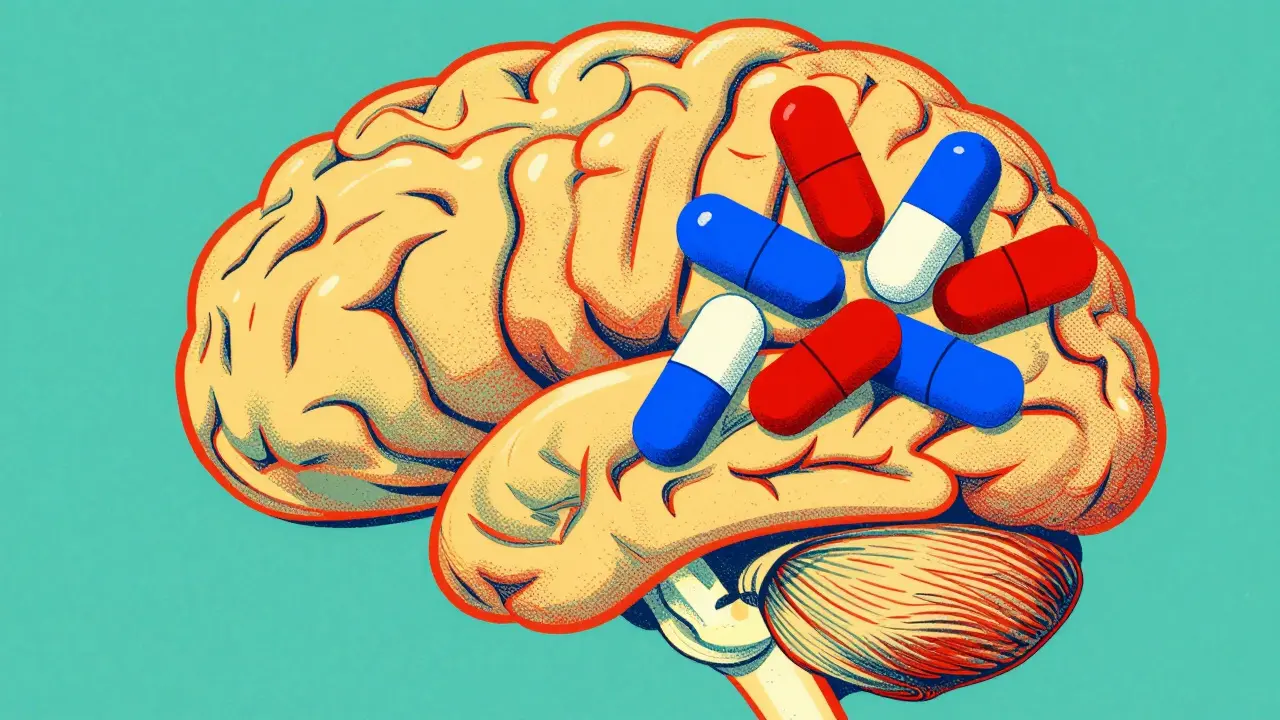 Conceptual brain illustration with colorful pill shapes blocking neural pathways.