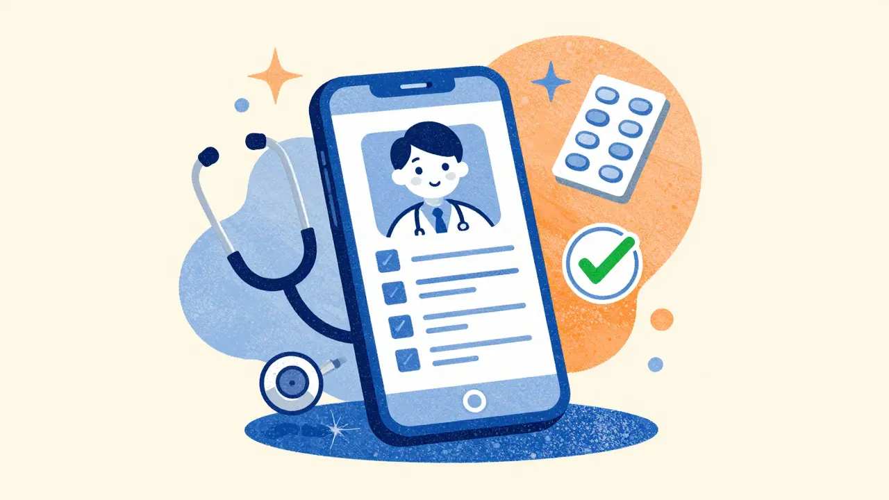 Digital illustration of a telemedicine consultation on a smartphone screen.