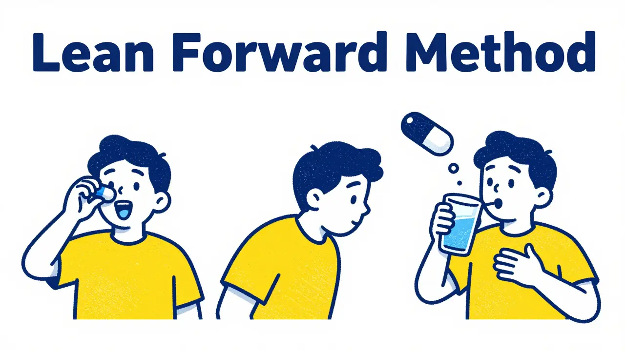 Illustration showing the lean forward technique for swallowing capsules.