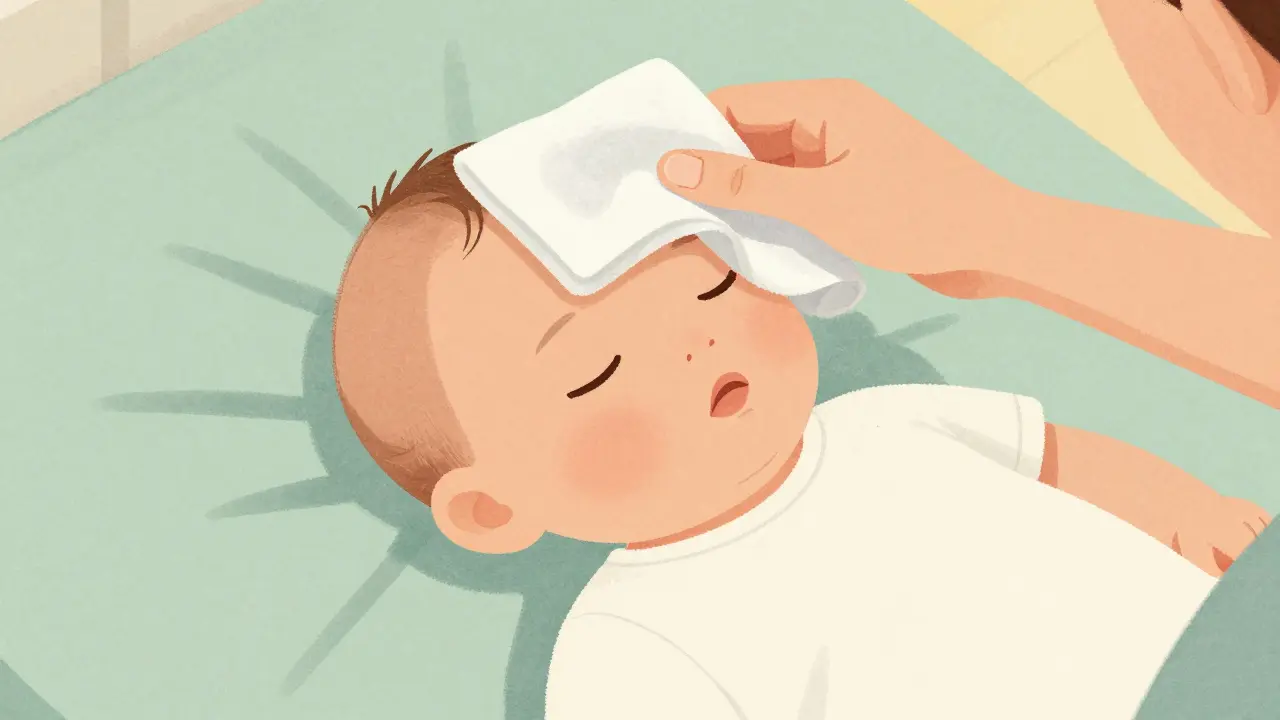 Parent applying a lukewarm cloth to a baby's forehead in risograph style