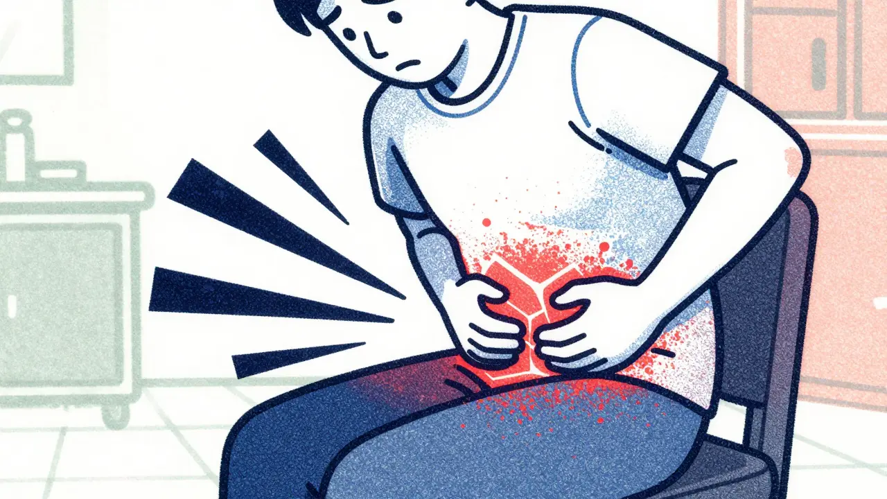 Person holding hip in pain while standing up, illustrated with grainy screen print texture.