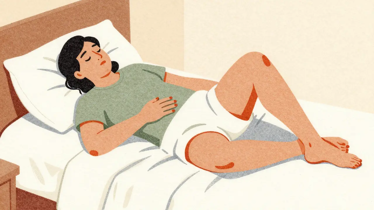 Person sleeping sideways with a pillow between knees to support hip alignment.