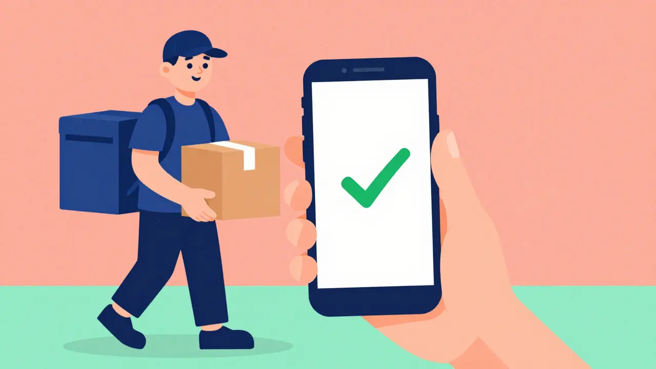 Person using a phone to verify a pharmacy order with a delivery package nearby