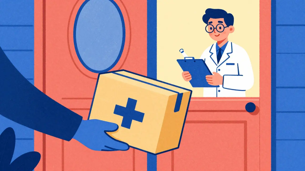 Safe home delivery of prescription medication in a cartoon risograph style