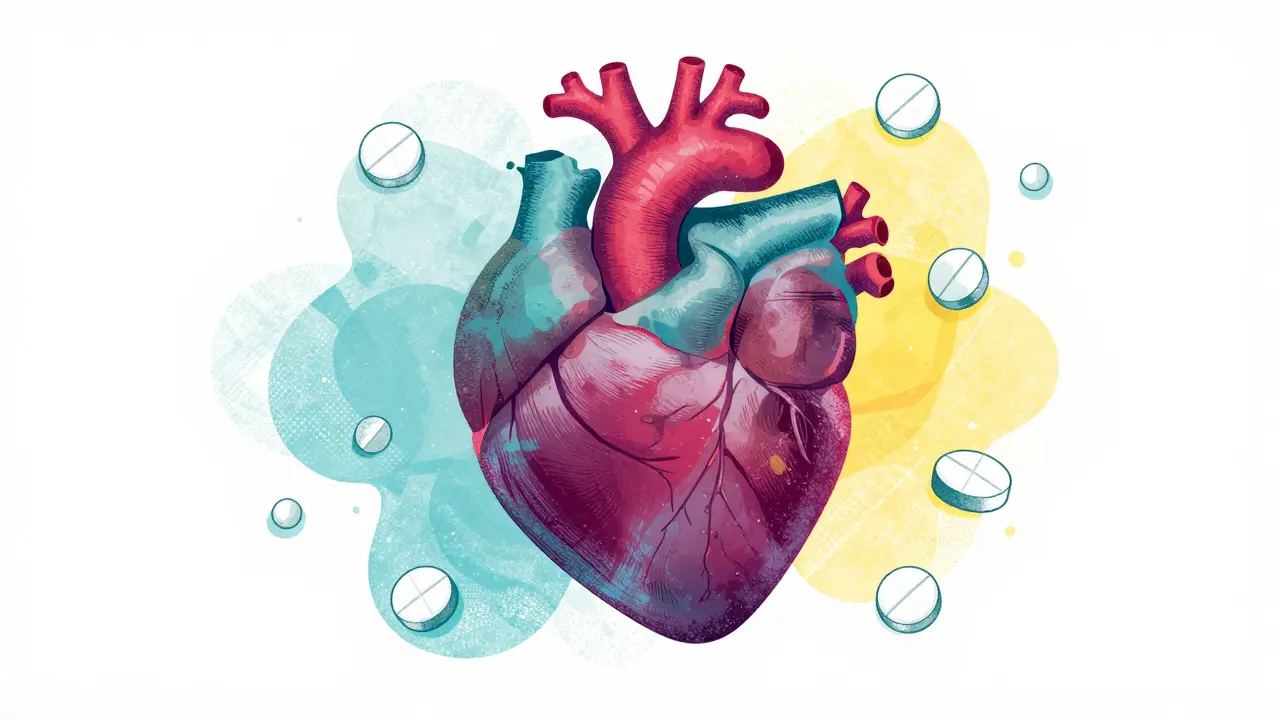 Stylized heart surrounded by generic medication tablets in a risograph style