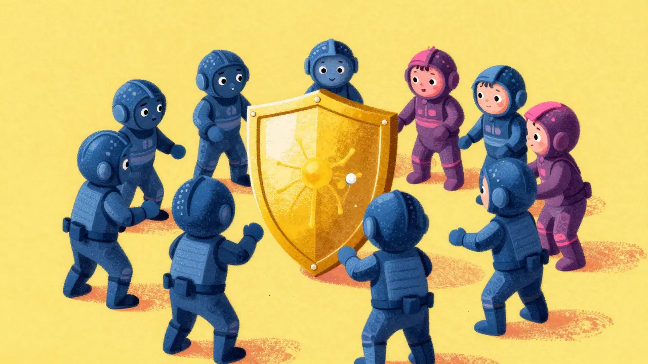 Stylized immune system cells building a golden shield in risograph style