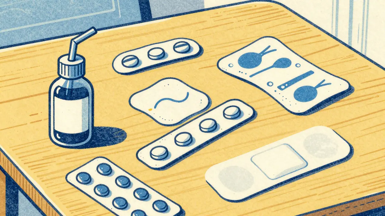 Various medication alternatives including liquids, films, and patches.